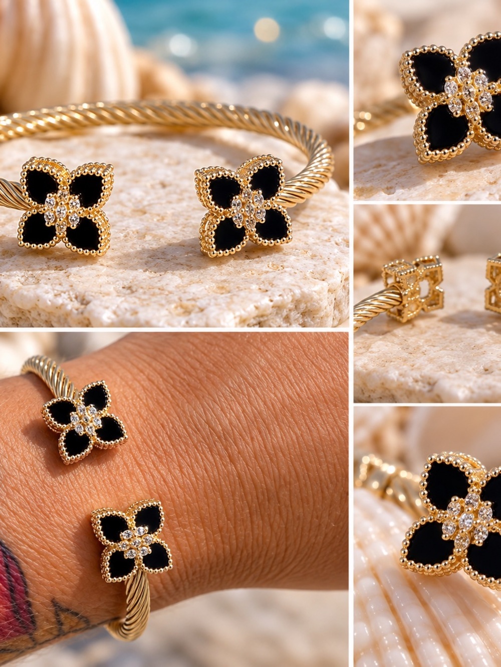 Gold Twist Cuff Bracelet with Black Enamel Floral Ends and czs